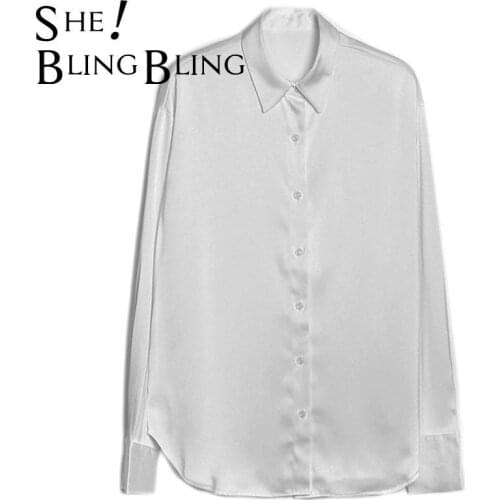 SheBlingBling Plus Size Women Blouses 2021 Spring Autumn Turn Down Collar Long Sleeve Button Long Tops Office Lady Satin Shirt