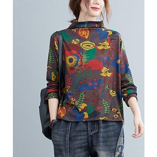Women Long Sleeve Casual T-shirts New Arrival 2021 Autumn Vintage Style Turtleneck Print Loose Female Tops Tees B1012