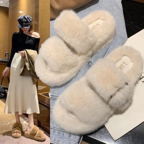 Flock Shoes Ladies' Slippers Med Fur Flip Flops Slipers Women Platform Female Tap Luxury Slides Plush 2021 Hawaiian Flat
