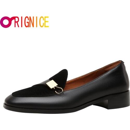 Orignice 2021 New Arrival Low Heel Pumps Women Round Toe Metal Decoration Patchwork Slip-On Soft Leather Walking Single Footwear