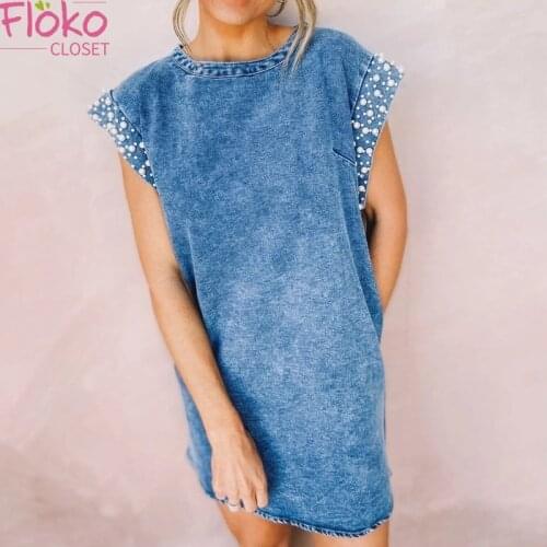 Flokocloset Summer O-Neck Embroidered Flares Denim Dress Women 2021 Casual Sleeveless Mini Dresses Loose Style Vestidos