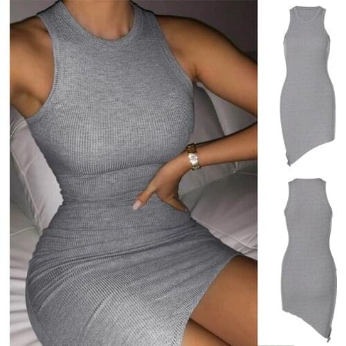 Women Independent Design Comfortable Office Solid Color Sleeveless Round Neck Irregular Dress