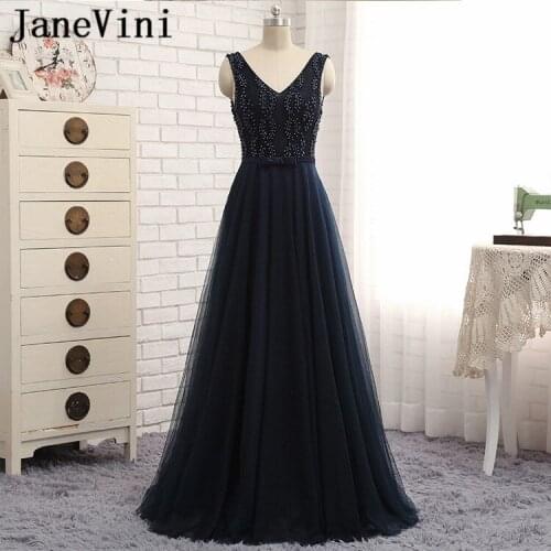 JaneVini Vestidos Navy Blue Beaded Pearls Plus Size Mother of The Bride Dresses A Line Tulle Elegant Evening Gowns Lange Kleider