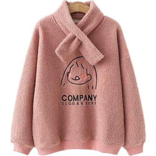Winter Fleece Warm Women Cartoon Embroidery Hoodies Sweatshirts Casual Long Sleeve Tie Collar Tracksuits Sweet Style Pullover