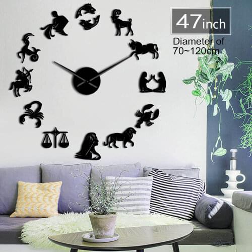12 Zodiac Signs Wall Art Home Decor Wall Clock 3D DIY Oversized Clock Mirror Effect Big Needle Room Decor Clock
