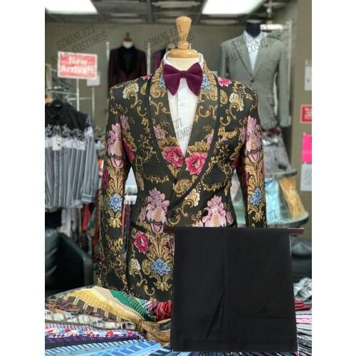 2021 Double Breasted Men Suit Floral Printed Slim Fit High Quality Wedding Costume Party Prom Tuxedo Male Groom Suits Bridegroom