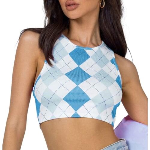 2021 Summer Trendy Ladies Plaid Print Tank Top Women Sleeveless Slim Fit Knitted Crop Top Streetwear Casual Elegant Sexy Camis