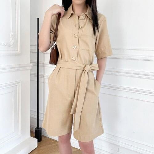 2021 Summer Women Jumpsuit with Slash High Waist Turn-Down Short Sleeve Playsuit Ladies Single Breasted Rompers with Pockets