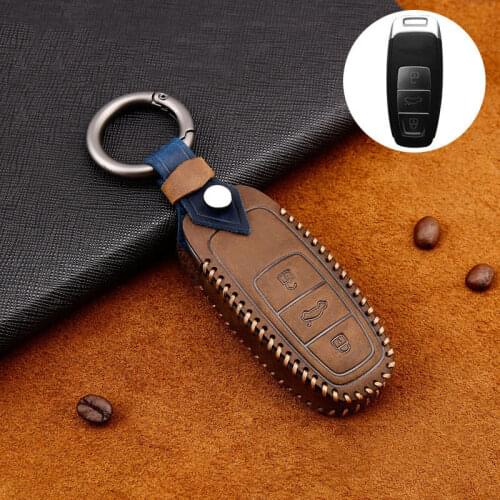 Car Styling Real Top Layer Leather Car Key Cover with keychain For Audi A6 C8 A7 A8 2018 2019 2020 Remote Key Protective Case