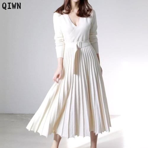 One-Piece Woman Pleated Dress Fashion Autumn Winter Bandage Knitted Sweater Dress 2020 Women Sexy V Neck Sashes Midi Dress Lady