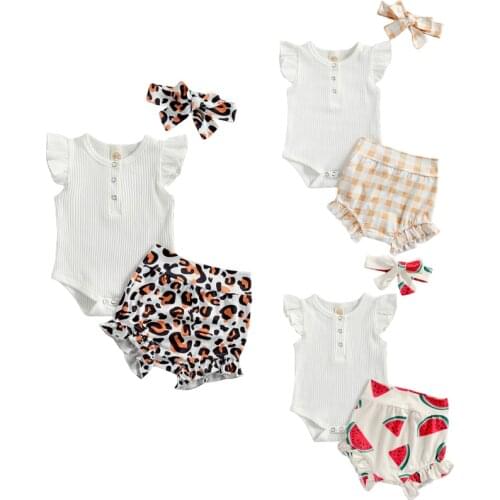 FOCUSNORM Summer Causal Baby Girls Boys Clothes Sets Ruffles Short Sleeve Button Romper Leopard/Watermelon/Plaid Shorts Headband