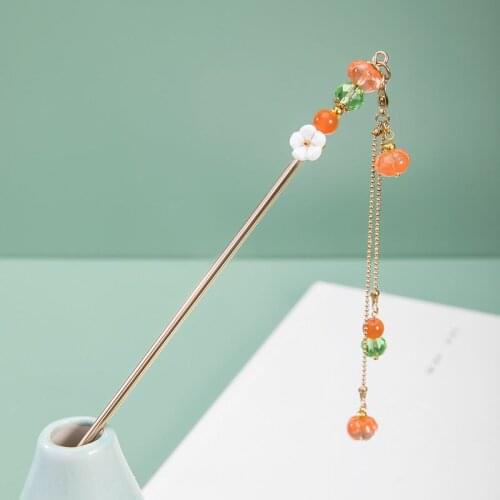 Chinese Hair Accessories Women Hair Stick Persimmon Beads Vintage Dangle Tassel Hair Pins Jewelry Good Fortune Gift for Girls