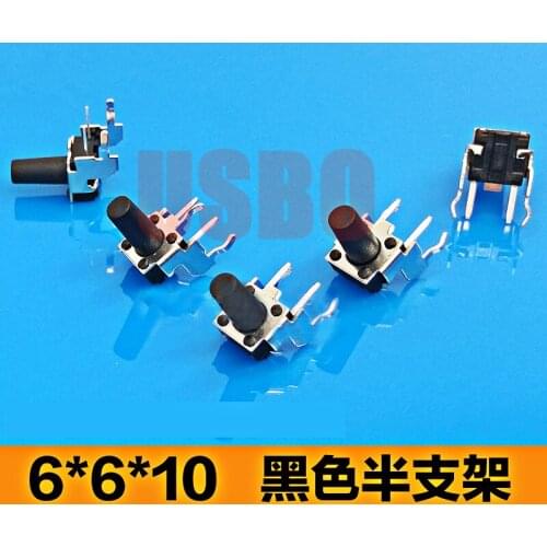 Horizontal Type With Support Tact Mini Push Button Switch With 2 Legs Touch Tact Switch 6*6*10mm Black