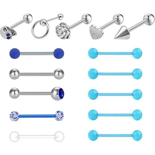 Tongue Rings 14G Straight Barbells Surgical Stainless Steel Glow Plastic UV Kit Body Tongue Piercing Jewelry