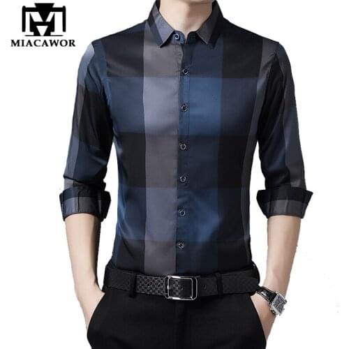MIACAWOR New Shirts Men High Quality Long Sleeve Shirt For Men Slim Fit Plaid Shirt Chemise Homme Plus Size Men Clothing C693