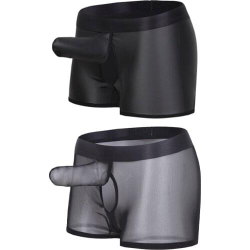 Mens sexy underwear patent leather transparent gun egg separation imitation elephant nose imitation leather boxer shorts quick