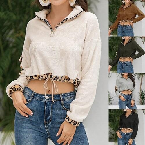 Autumn Casual Furry Navel Leopard Pattern Color Matching Drawstring Sweater Plush Womens Clothing