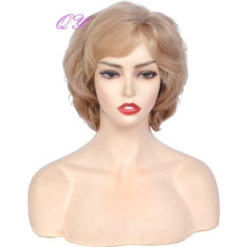 QY Short Blonde Wig Ombre Brown Synthetic Hair With Bang For Women Natural Wigs High Temperature Fiber