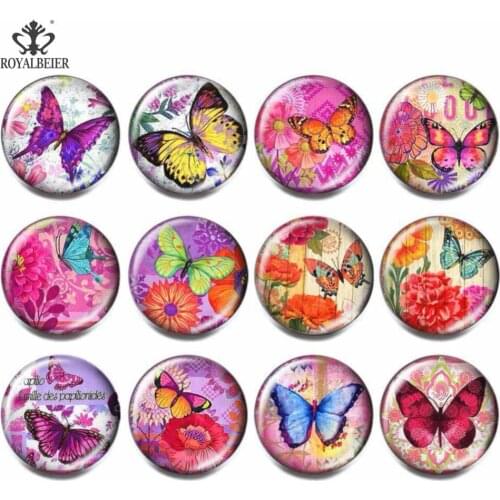 Royalbeier 12pcs/lot Mix Butterflies Glass Beads 18mm Colorful Snaps Button bijuterias Charm DIY Bracelet Jewelry Women berloque