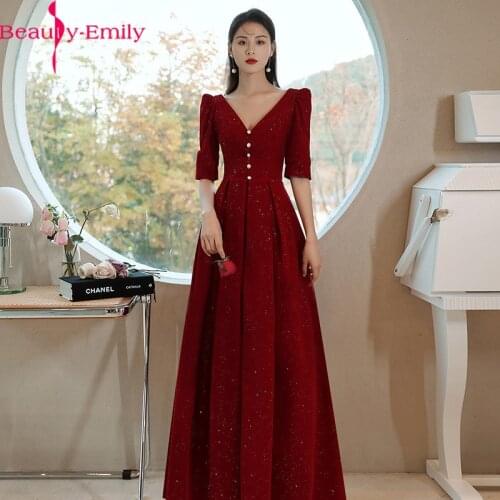 Sexy V Neck Half Sleeve Vintage Women Evening Dress Long Charming Sequined Zipper Back Burgundy Formal Party Gown Real Photo