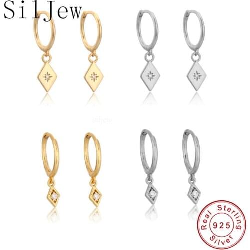 SilJew 925 Sterling Silver 8.5mm Square Eye Zircon Slim Drop Earring 2022 Rock Punk Loops Party Small Tiny Jewelry For European