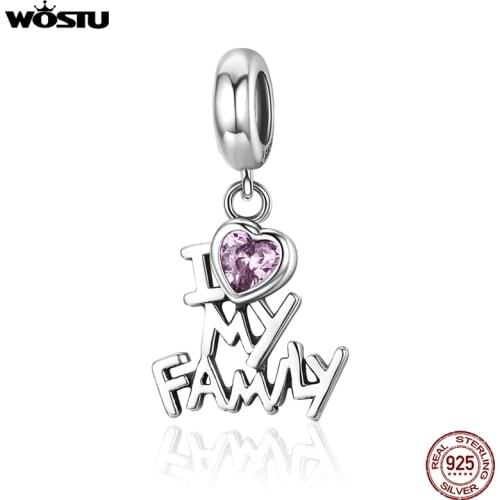 WOSTU Real 925 Sterling Silver I Love My Family Beads Dangle Fit Original Charm Bracelet Pendant Heart Jewelry Gift CQC251