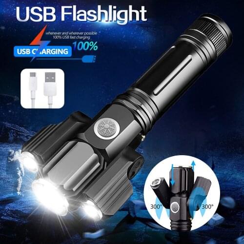 Strong Light Led Telescopic Zoom Flashlight T6 XPe Three-Head Rotating Flashlight 4-Mode Lighting tactical flashlight
