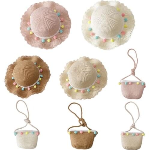 Kids Girls Large Wide Brim Straw Woven Sun Protection Beach Hat Colorful Pompom Ball Summer Floppy Bucket Cap Portable Handbag