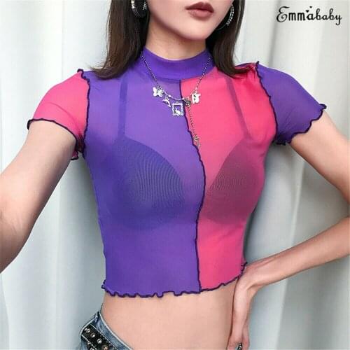 2020 Hot Newest Arrivals Women Casual See Through Sexy Sheer Mesh Tops Short Sleeve Slim Spliced Color Party Clubwear T-Shirts