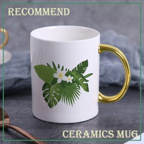 Green tropical flowers ceramics Mug,gold handle mug,Flower Tea Set Coffee Cup,Water Milk Coffee Drinkware Gift KTZW-004