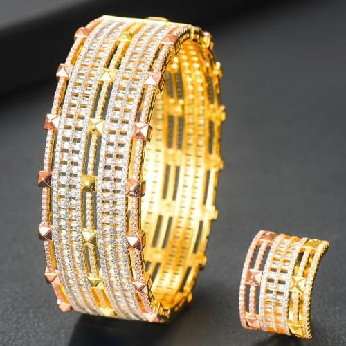 KellyBola Gorgeous Dubai Luxury Wide 2 PCS Noble Bangle Ring Set for Women Bridal Wedding Engagement Daily Party Jewelry Set