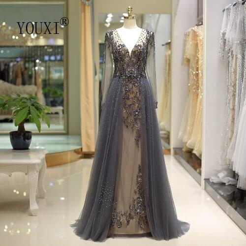 YOUXI Plunging V Neck Long Sleeve Evening Dress Sparkly Rhinestone Beading Crystal Formal Gown Backless Robe De Soiree