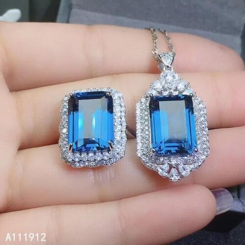 KJJEAXCMY fine jewelry natural blue topaz 925 sterling silver women gemstone pendant necklace ring set support test noble
