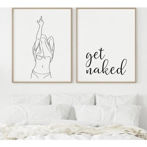 Funny Bathroom Wall Feminine Canvas Painting Get Naked Sign Fashion Art Poster One Line Erect Finger Woman Drawing Picture Decor