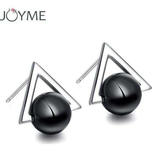 Women Fashion Earrings Jewelry Triangle Geometric Punk Black beads Imitation Pearl Silver Color Stud Earring Piercing Men Femme