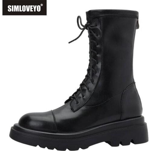 SIMLOVEYO Women Platform Mortorcycle Ridding Midcalf Boots Lace Up 6cm Low Square Heel Round Toe Footwear 43 Black Brown S2435