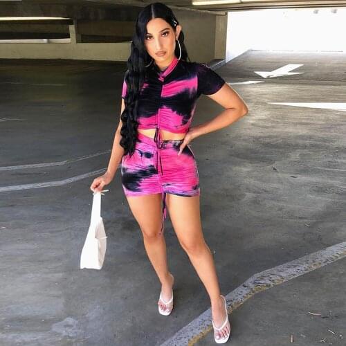 Sexy Tie Dye Print Two Piece Skirt Set Women Short Sleeve Slim Fit Crop Top and Ruched Drawstring Mini Skirt Party Clubwear