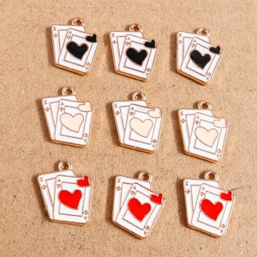 10pcs 15*17mm Enamel Heart Playing Cards Charms for Making Pendant Necklaces Drop Earrings Keychain DIY Jewelry Making Accessory