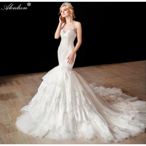 Alonlivn Elegant Fitted Sleeveless Beaded Lace Sexy Wedding Gowns Mermaid Tiered Appliques Court Train