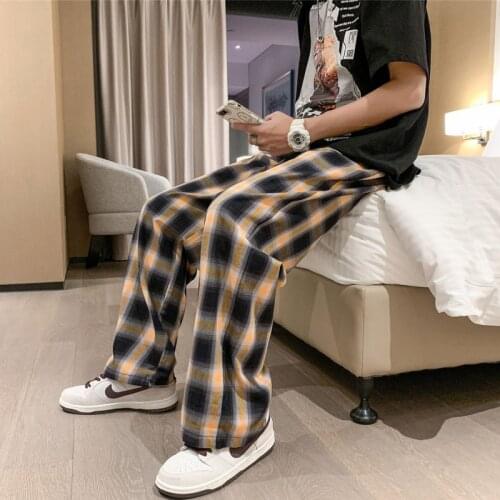 Summer Thin Plaid Pants Mens Fashion Casual Pants Men Streetwear Korean Loose Hip-hop Straight Wide-leg Pants Mens Trousers