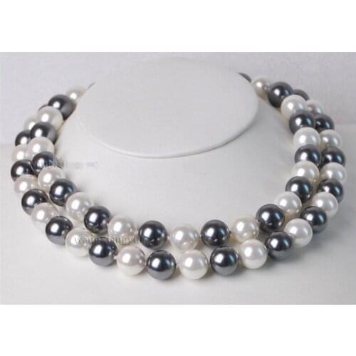 Long 33"12MM Elegant white /black South sea Shell Pearl Necklace ^^^@^Noble style Natural Fine jewe FREE SHIPPING
