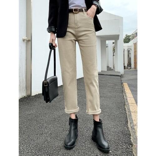 2021 spring and autumn new high-waisted slim straight-leg casual loose all-match khaki jeans