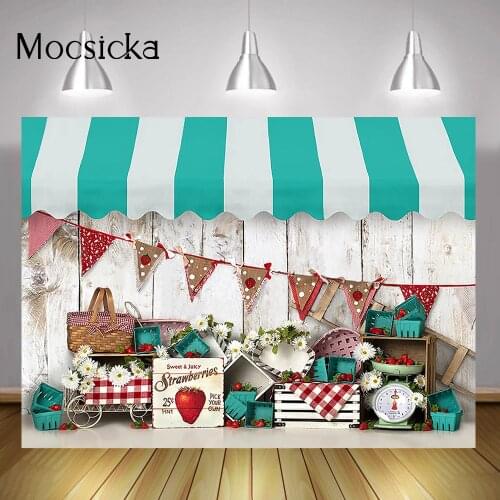 Sweet Strawberry Store Banner Backdrop Newborn Baby Strawberry Birthday Cake Smash Photo Background Portrait Photography Props