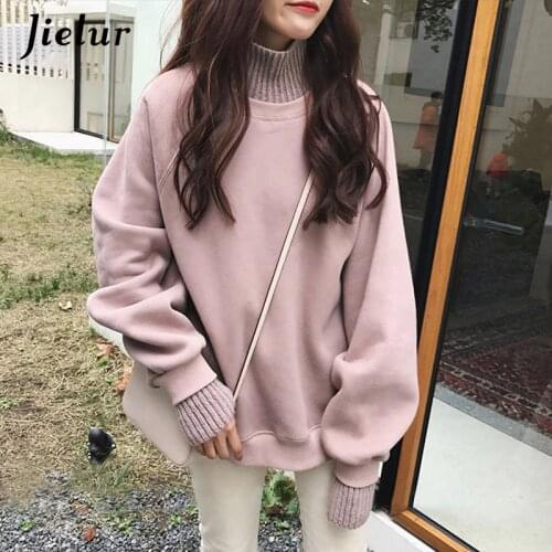 Jielur Korean Style Oversized Hoodies Female Winter False Two Pieces Turtleneck Womens Sweatshirt Loose Thick Fleece Pullovers