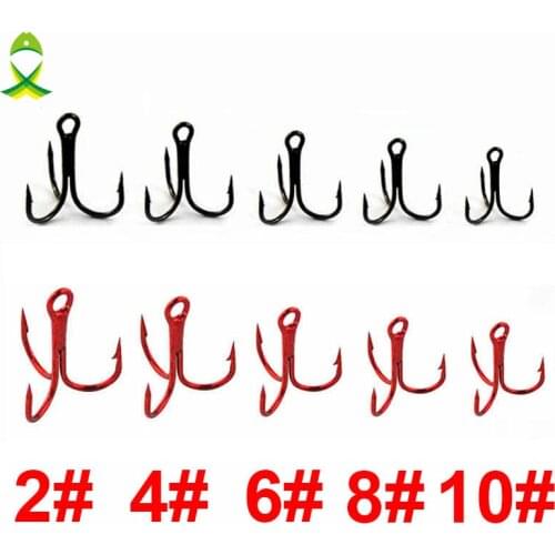 JSM 100pcs 35647 High Carbon Steel Treble Fishing Hooks Black Red Round Bent Triple Artificial Lure Fishhooks Size 2 4 6 8 10
