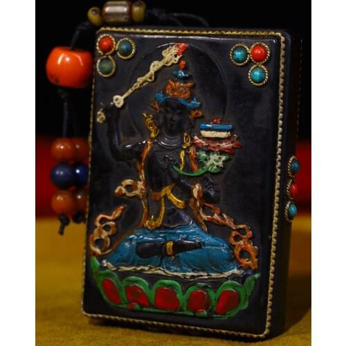 3"Tibet Temple Collection Old Natural horns Filigree mosaic Gem Dzi Bead Manjushri statue Amulet Pendant Town House Exorcism