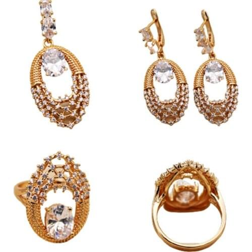 Fashion Jewelry Sets accessories Gold Hoop Earrings Rings Necklace Pendent White Stone Zircon Women 3pcs set wedding Gift