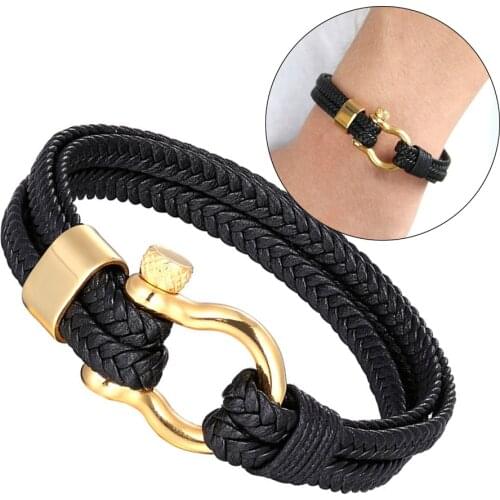 Classic Retro High Quality Horseshoe Buckle Stainless Steel Bracelet Women Black Multilayer Leather Bracelet Men Bangles Jewelry
