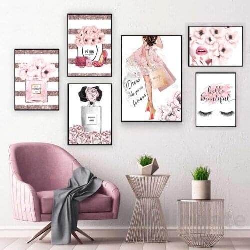 Fashion Pink Girl Room Decoration Poster Perfume Eyelash Lip High Heels Print Art Canvas Painting Wall Picture For Beauty Shop
