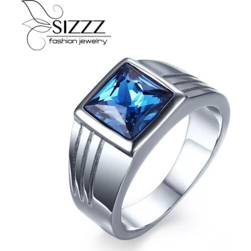 SIZZZ Blue CZ Zircon Engagement Band Ring for Men Silver Plated Stainless Steel High Quality